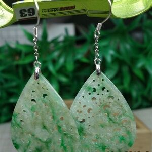 Certified Icy green 100% natural A jadeite jade Earring S925Silver 镂空雕花耳坠